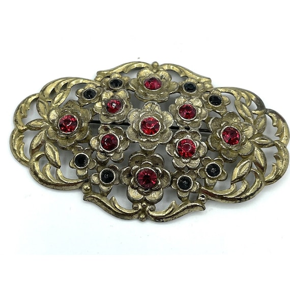 Vintage Large Oval Brass Floral Brooch Red And Bl… - image 1