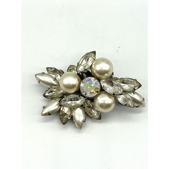 Vtg  Signed Judy Lee Rhinestone Brooch Pearlized … - image 5