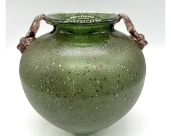 Dark Green  Speckled Art Glass Vase Amethyst Colored Handles Textured