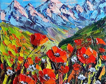 Pintura de papoulas Paisagem com papoulas Paisagem de montanha 6×6 Pintura original Impasto Pintura a óleo Pintura de parede Campo de papoulas Papoilas vermelhas