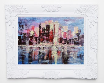 NYC Skyline Oil Painting: Abstract Cityscape, Modern Wall Art (7x9