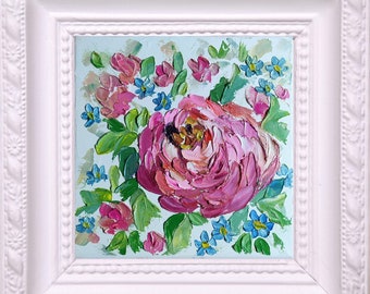 Pintura de peonías con técnica de empaste: pequeña pintura floral al óleo, arte floral abstracto.