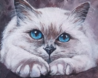 Portrait original d'animaux de compagnie, peinture acrylique, dessin de chats sur commande, peinture murale, image de chat, cadeau, portrait de chat, petite image, art de chat