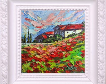 Pintura de un campo de amapolas italiano: Paisaje original al óleo con técnica de empaste.