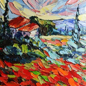 Cuadro de Italia Campo de amapolas de la Toscana Pintura al óleo original Arte mural pequeño Paisaje italiano Paisaje abstracto Arte floral Regalo para ella