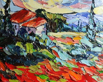 Pintura italiana Campo de papoulas da Toscana Pintura a óleo original Pequena arte de parede Paisagem italiana Paisagem abstrata Arte floral Presente para ela