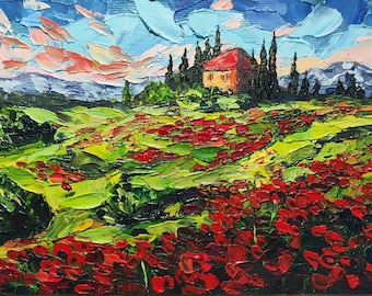 Cuadro de un campo de amapolas en la Toscana: Paisaje al óleo con técnica de empaste pequeño.