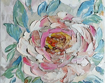 Pequeño cuadro al óleo de una rosa: Arte floral con técnica de empaste, hecho a mano.