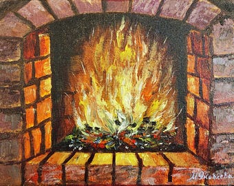 Original Fireplace Oil Painting: Cozy Home Interior Wall Art, Christmas gift