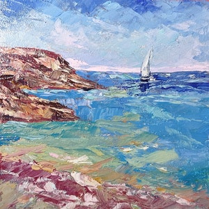 Seascape painting Original oil painting Abstract seascape Blue lagoon Abstract art Small wall painting Wall art Blue painting Gift for her