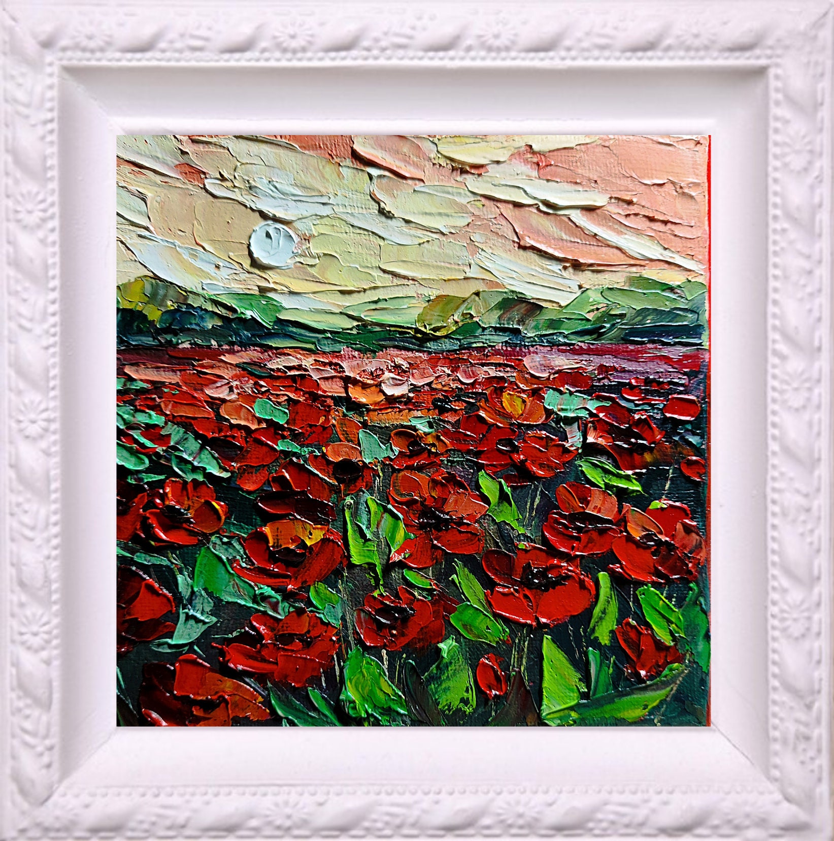 Original Red Poppy Field Oil Painting: Impasto Abstract Landscape (6x6)