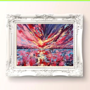Pintura original de paisaje marino: Atardecer abstracto con cuchillo acrílico