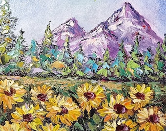 Girassóis Campo de flores Pintura a óleo original Arte paisagística Pequena arte de parede Paisagem de montanha Pintura de paisagem Decoração de parede Presente para ela