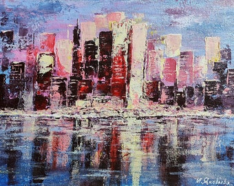 NYC Skyline Oil Painting: Abstract Cityscape, Modern Wall Art (7x9