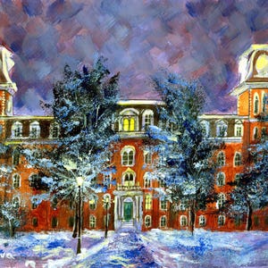 Dipinto a mano Paesaggio Ritratto Università dell'Arkansas Vecchio Principale Dipinto acrilico originale Piccola arte murale Paesaggio urbano Regalo originale Blu