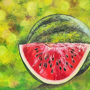 Watermelon painting Original oil painting Fruit art Red watermelon Decor for kitchen Wall art Gift for her Green painting Fruit landscape