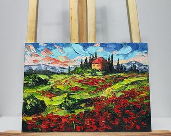 トスカーナのポピー畑の絵画：小さな厚塗り油彩風景画 - Etsy 日本