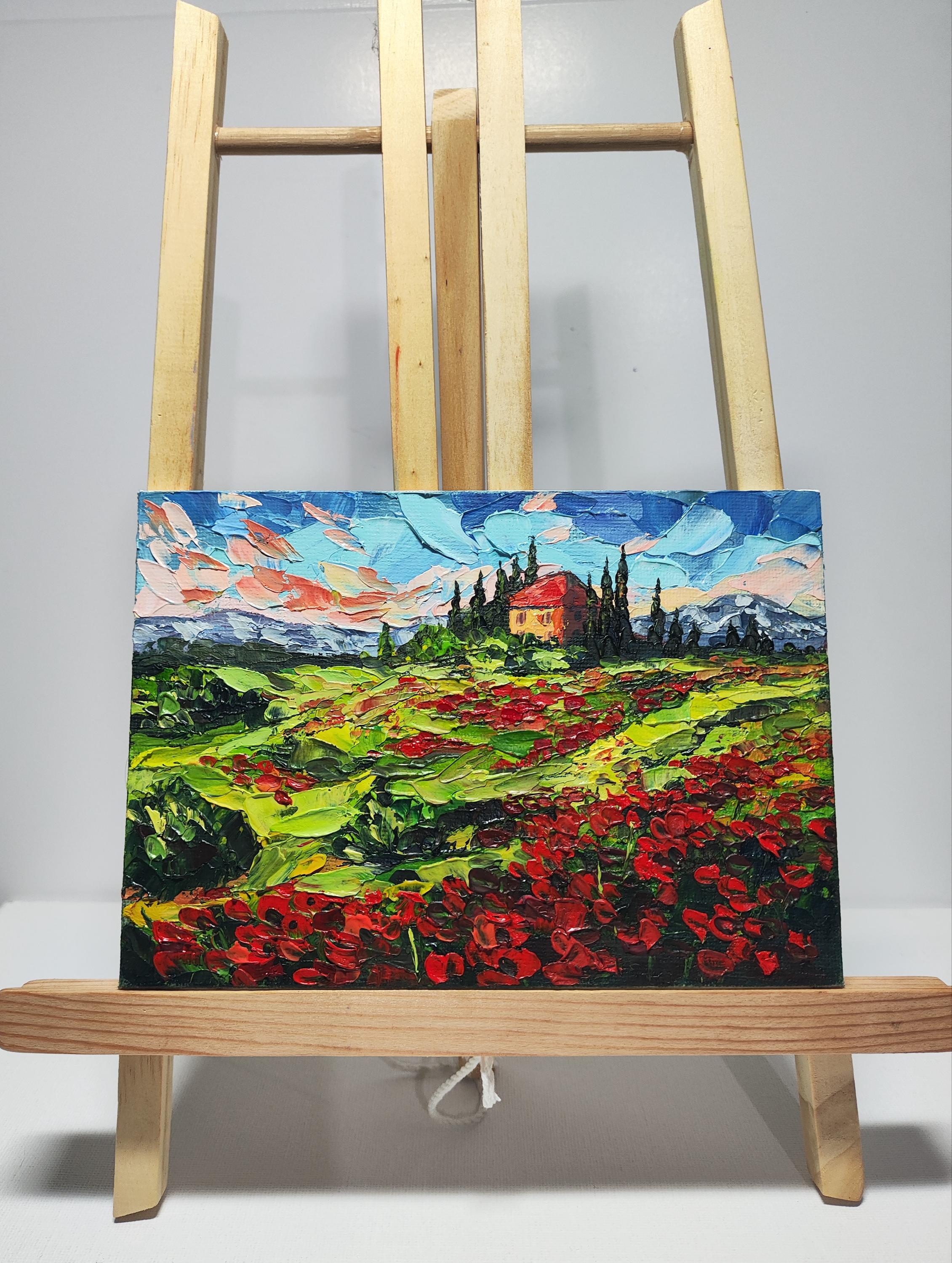 トスカーナのポピー畑の絵画：小さな厚塗り油彩風景画 - Etsy 日本