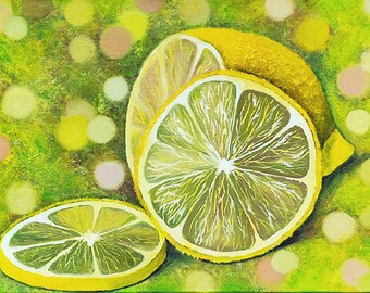 Original Lemon Oil Painting: Yellow Fruit Kitchen Wall Art