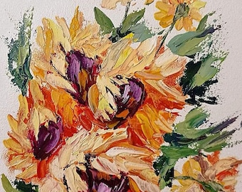 Dipinto originale girasole, pittura ad olio, pittura fiori gialli, pittura di girasole, piccola immagine, pittura murale, impasto, giallo, verde,