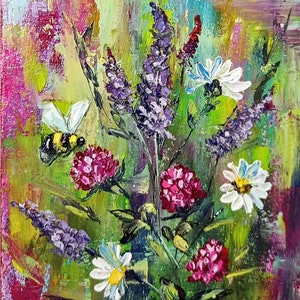 peinture originale fleurs,peinture à l'huile,paysage floral,abeille,petite image,peinture murale,peinture de fleurs,maison,cadeau,fleurs sauvages,fleurs d'art