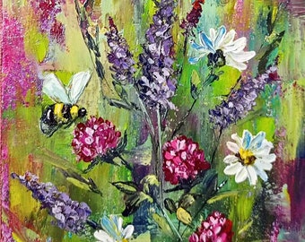 Tableau « Fleurs sauvages », peinture florale originale, 5 × 7 pouces, peinture à l'huile, paysage, empâtement, peinture florale, image d'abeille, peinture murale, art