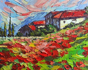 Cuadro de un campo de amapolas en la Toscana: Arte con técnica de impasto en un pueblo italiano (6x6)