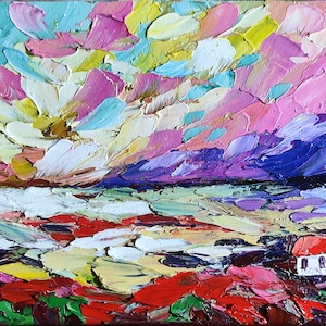 Paysage de la Toscane, peinture originale, maisons italiennes, peinture à l'huile, empâtement, 5 × 7, peinture murale, 3D, paysage de village italien, Sunny Beach, cadeau d'art