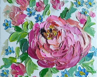 Original Floral Oil Painting: Abstract Pink Peonies Small Wall Art