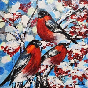 Pássaros vermelhos Arte de pássaros vermelhos Pintura original Pintura acrílica Paisagem de inverno Pintura de pássaros Pequena arte de parede Presente para ela Presente de dia dos namorados