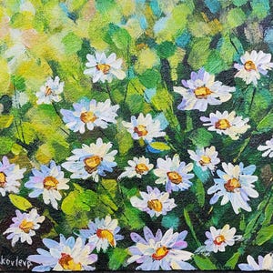 Pintura de flores Paisagem floral Arte acrílica original Flores brancas Pequena arte de parede Paisagem de verão Presente para ela Pintura verde Verde branco