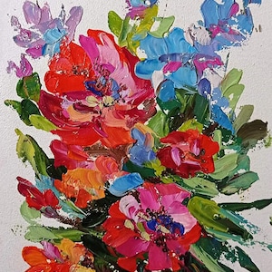 Pintura de flores Flores rojas Pintura al óleo original Flores abstractas Arte de pared pequeño Arte de flores Pintura roja Regalo para ella Paisaje de flores