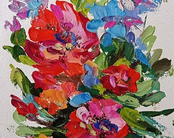 Red Flower Oil Painting: Abstract Floral Bouquet, Small Wall Art