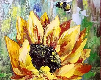 Sunflower Oil Painting: Original Floral Landscape with Honey Bee