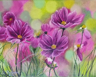 Pink Flowers Original Oil Painting: Floral Landscape Art