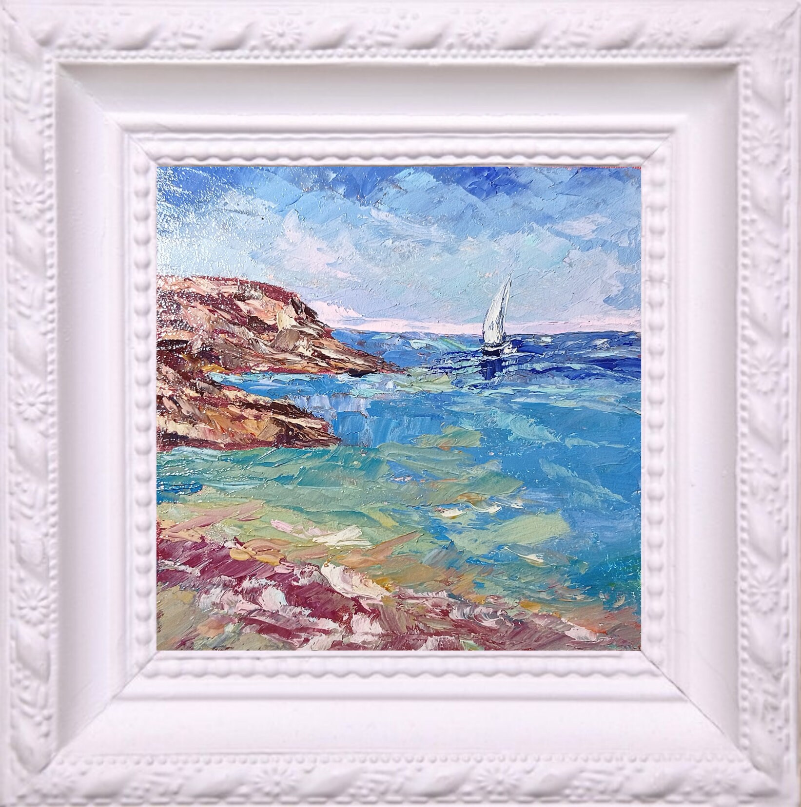 Praia do mar Pintura de paisagem marinha Pintura a óleo original Pequena pintura de parede Paisagem Mar azul Impasto Paisagem marinha abstrata Costa Arte marinha Veleiro