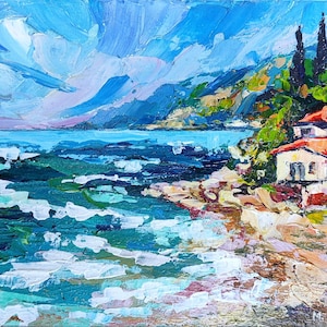 Paisaje marino mediterráneo Pequeña pintura costera Pintura al óleo original Paisaje italiano Pequeño arte de pared Pintura azul Regalo para ella Paisaje marino
