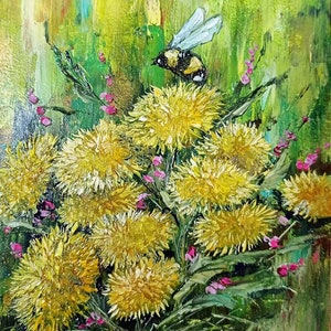 Pintura com flores amarelas Abelha Pintura a óleo original Pequena arte de parede Flores amarelas Arte de flores silvestres Paisagem de flores Presente para ela
