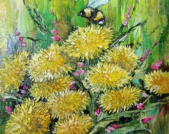 Original painting.oil painting.original art.flowers painting.painting jaune fleurs.small picture.modern painting.bumblebee painting.art