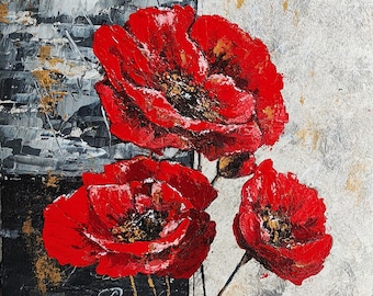 ポピーのオリジナルアクリル画、赤い花、キャンバス、赤い花の絵画、花