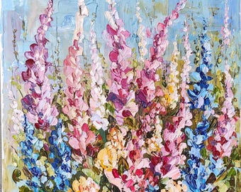 Impasto Floral Oil Painting: Spring Garden Lupines, Original Floral Landscape Art