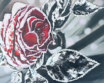 Original Oil Painting: Snow-Covered Red Rose Canvas Art