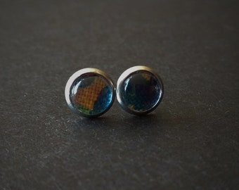 Tiny Patterned Stud Earrings | Blue, Teal, Cream | Gunmetal | Ankara, Afrocentric, African Print | Unique Gift | Bridesmaid Gift | Office