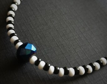 Black & White Striped Adjustable Boho Bracelet with Peacock Faceted Bead and Blue Thread | Colourful Style | African Beaded Bracelet