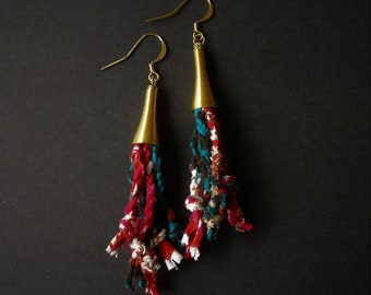 Long Tassel Textile Earrings | Turquoise, Red and White Print | Afrocentric Boho Dangle Earrings | Gift for Her | Artisan Jewellery | Twist