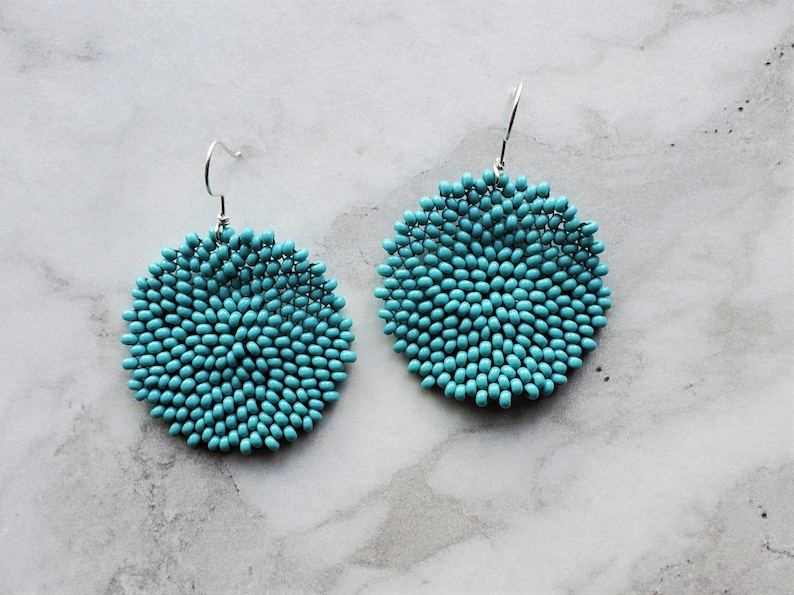 Turquoise Earrings Boho Earrings Circle Earrings Statement Earrings Beaded Earrings Round Earrings Beadwork Gift for Her image 4