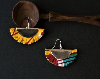 Unique Statement Earrings | Yellow, Turquoise & Red African Print | Fan Fringe Earrings | Bohemian Festival Earrings | Artisan Gift for Her