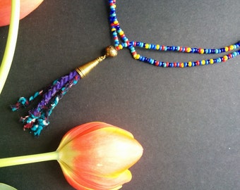 Multicolored Long Tassel Necklace African Wax Print, Ankara Fabric, Boho - 40 cm long