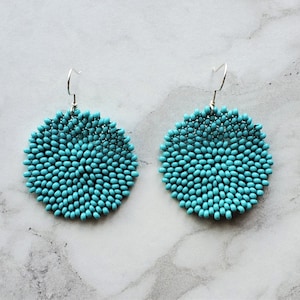 Turquoise Earrings Boho Earrings Circle Earrings Statement Earrings Beaded Earrings Round Earrings Beadwork Gift for Her image 1