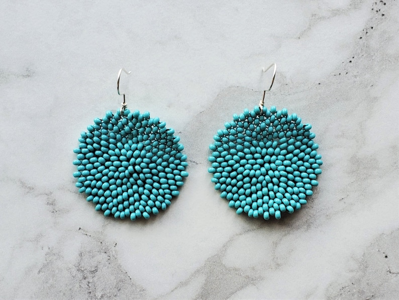 Turquoise Earrings Boho Earrings Circle Earrings Statement Earrings Beaded Earrings Round Earrings Beadwork Gift for Her image 1